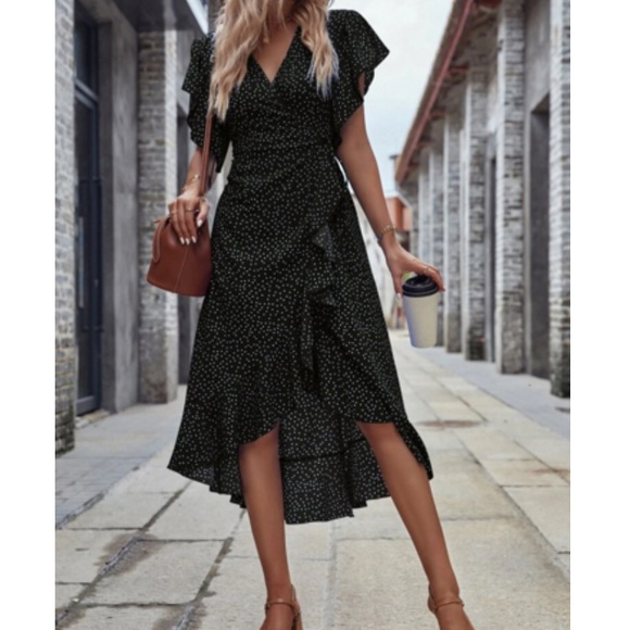 Boho polka dots ruffle hem wrap dress black - Picture 2 of 16